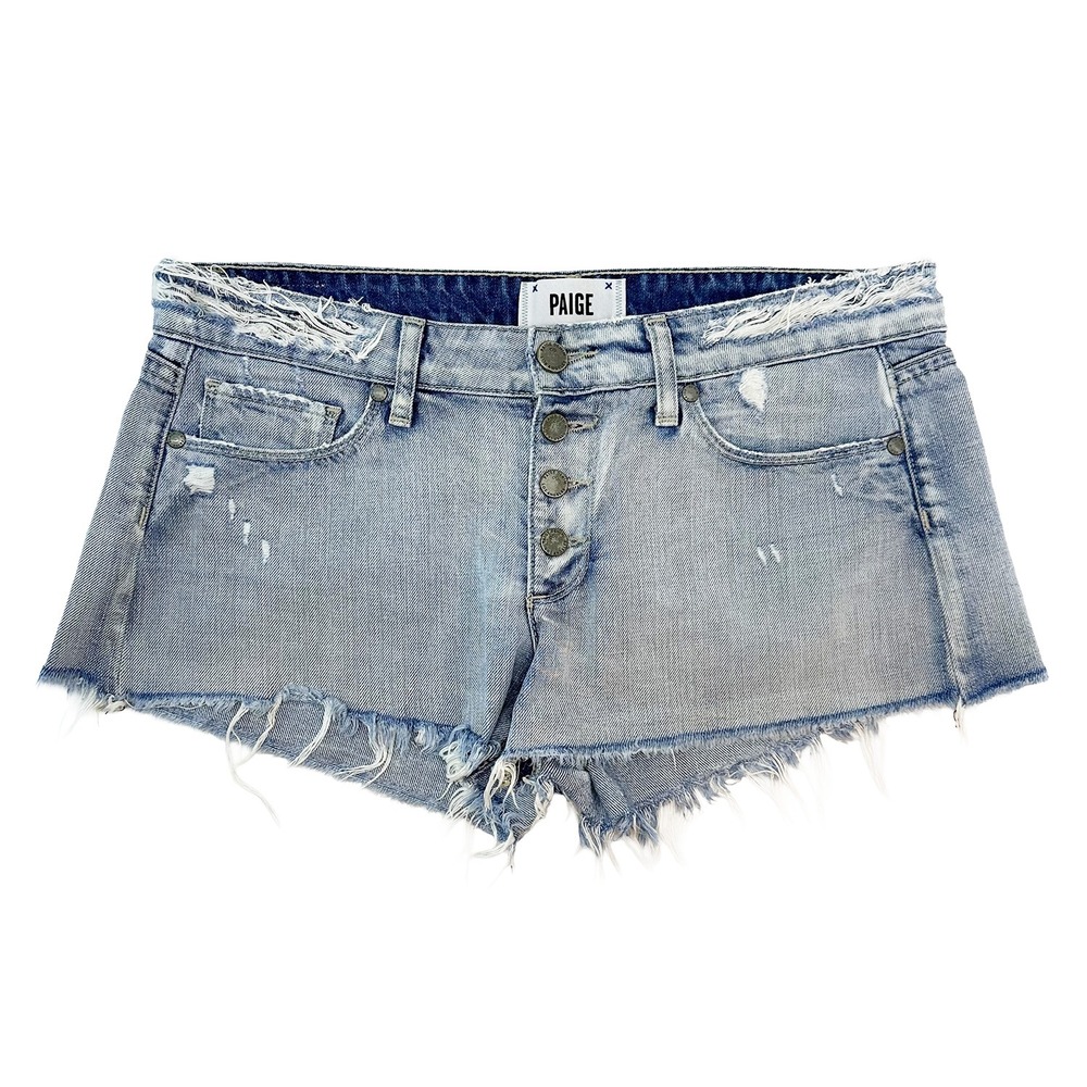 PAIGE Distressed Button Fly Low Rise Jean Shorts‎ • 27 • blue • 100% Cotton